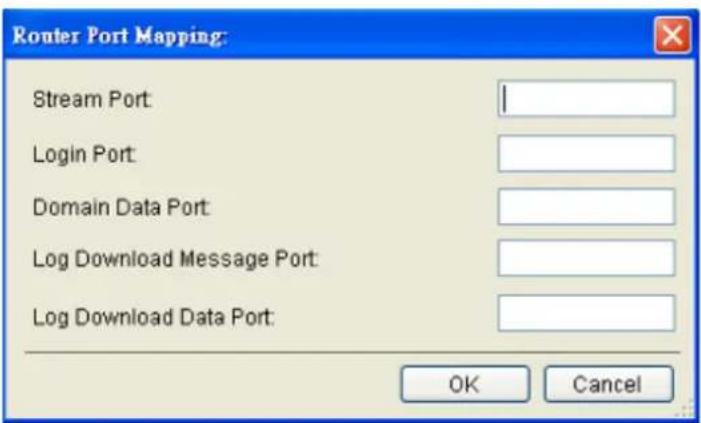 Router Port Mapping Stream Port: Login Port: Domain Data Port: Log Download Message Port: Log Download Data Port: OK Cancel