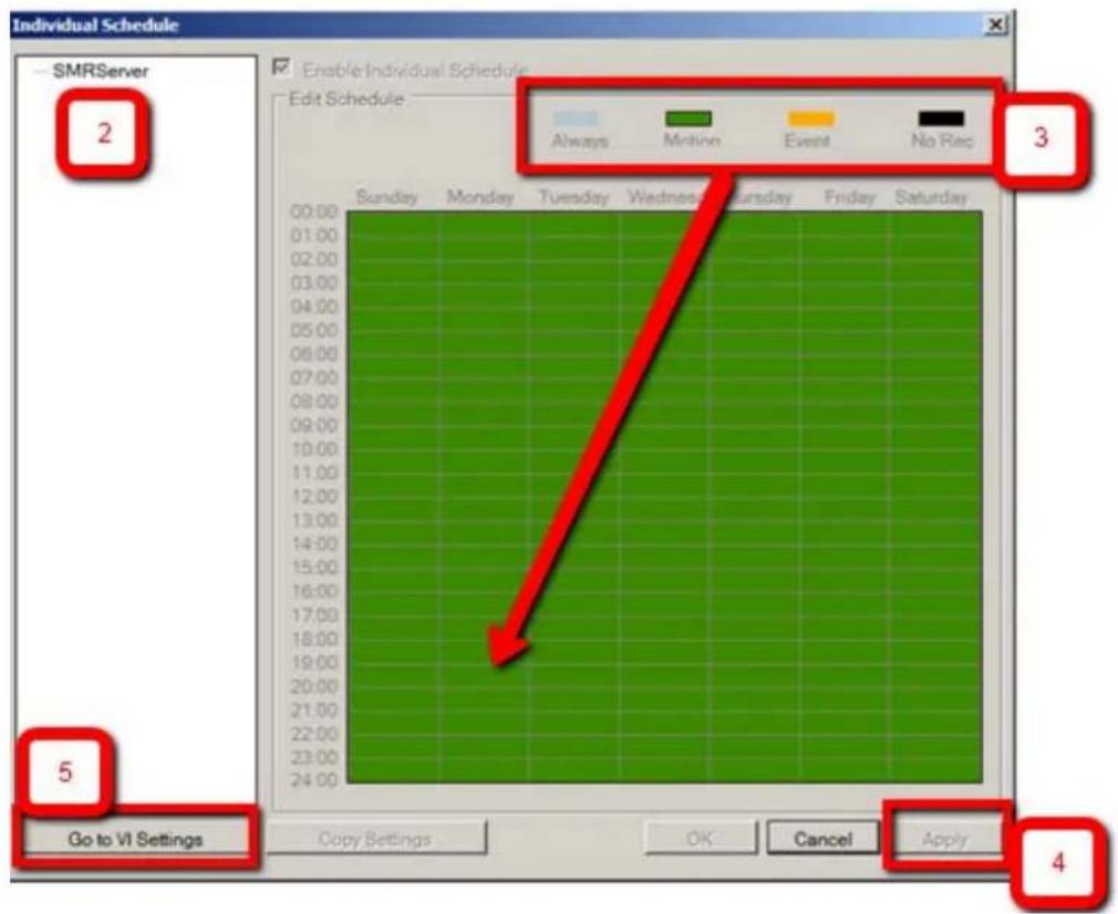 Individual Schedule SMRServer 2 Enable Individual Schedule Edit Schedule Always Motion Event No Rec 3 00:00 Sunday Monday Tuesday Wednesday Friday Saturday 01:00 10:00 17:00 24:00 18:00 19:00 20:00 21:00 22:00 23:00 24:00 5 Go to VI Settings Copy Settings OK Cancel Apply 4