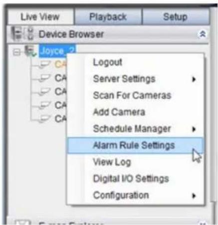 Live View Playback Setup Device Browser Joyce 2 Logout Server Settings Scan For Cameras Add Camera Schedule Manager Alarm Rule Settings View Log Digital I/O Settings Configuration