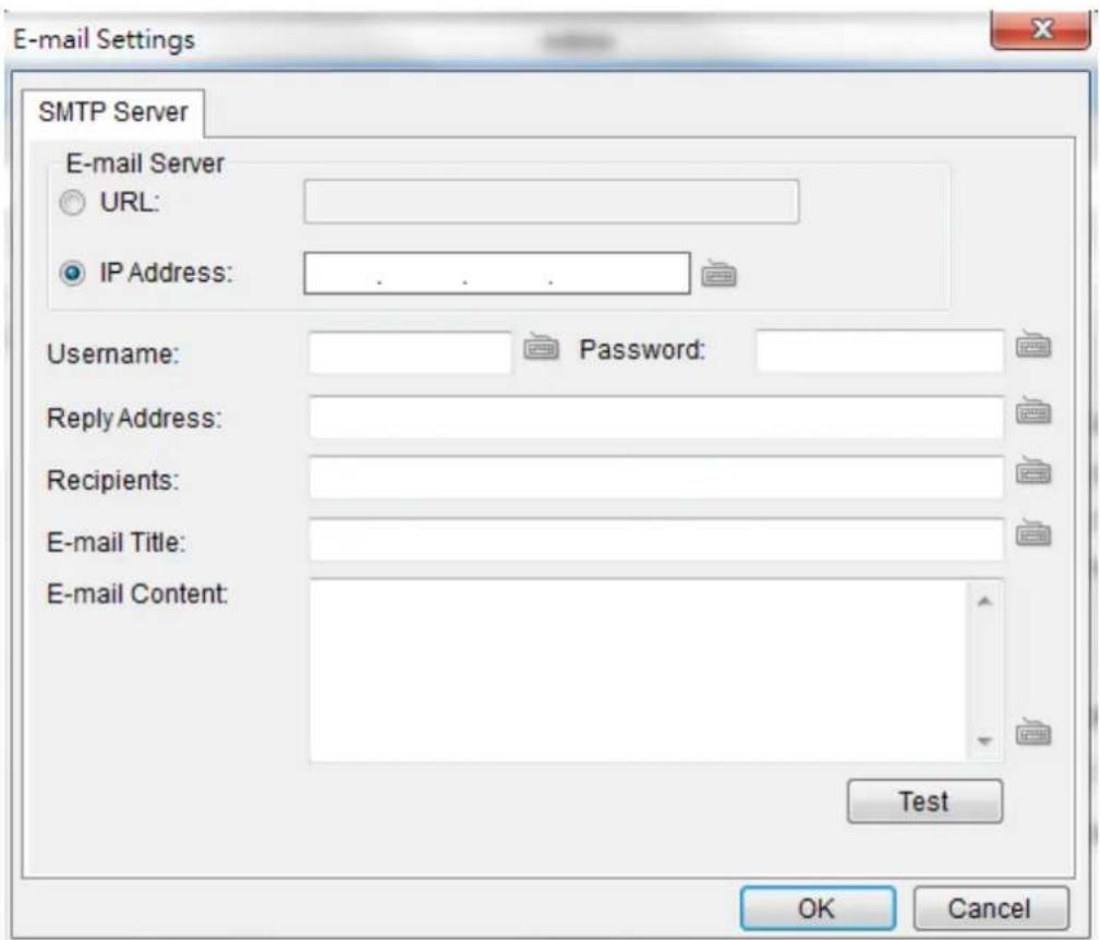 E-mail Settings SMTP Server E-mail Server URL: IP Address: . . . . Username: Password: Reply Address: Recipients: E-mail Title: E-mail Content: Test OK Cancel