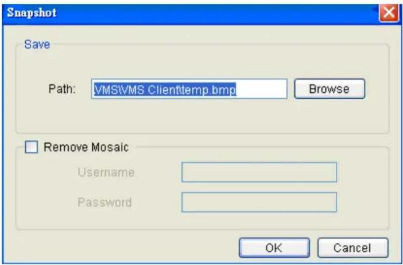 Snapshot Save Path: VMSIVMS Clienttemp.bmp Browse Remove Mosaic Username Password OK Cancel