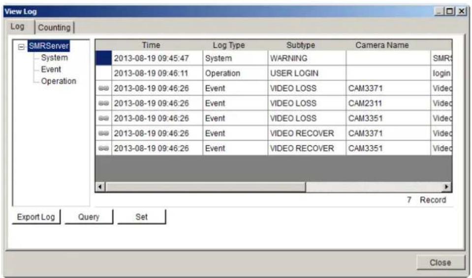 View Log Log | Counting | SMRServer System Event Operation Time Log Type Subtype Camera Name 2013-08-19 09:45:47 System WARNING SMR: 2013-08-19 09:46:11 OperationalgUser LOGIN login 2013-08-19 09:46:26 Event VIDEO LOSS CAM3371 Vided 2013-08-19 09:46:26 Event VIDEO LOSS CAM2311 Vided 2013-08-19 09:46:26 Event VIDEO LOSS CAM3351 Vided 2013-08-19 09:46:26 Event VIDEO RECOVER CAM3371 Vided 2013-08-19 09:46:26 Event VIDEO RECOVER CAM3351 Vided 7 Record Export Log Query Set Close