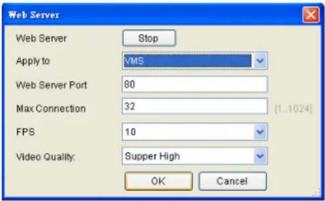 Web Server Web Server Stop Apply to VMS Web Server Port 80 Max Connection 32 FPS 10 Video Quality: Supper High OK Cancel
