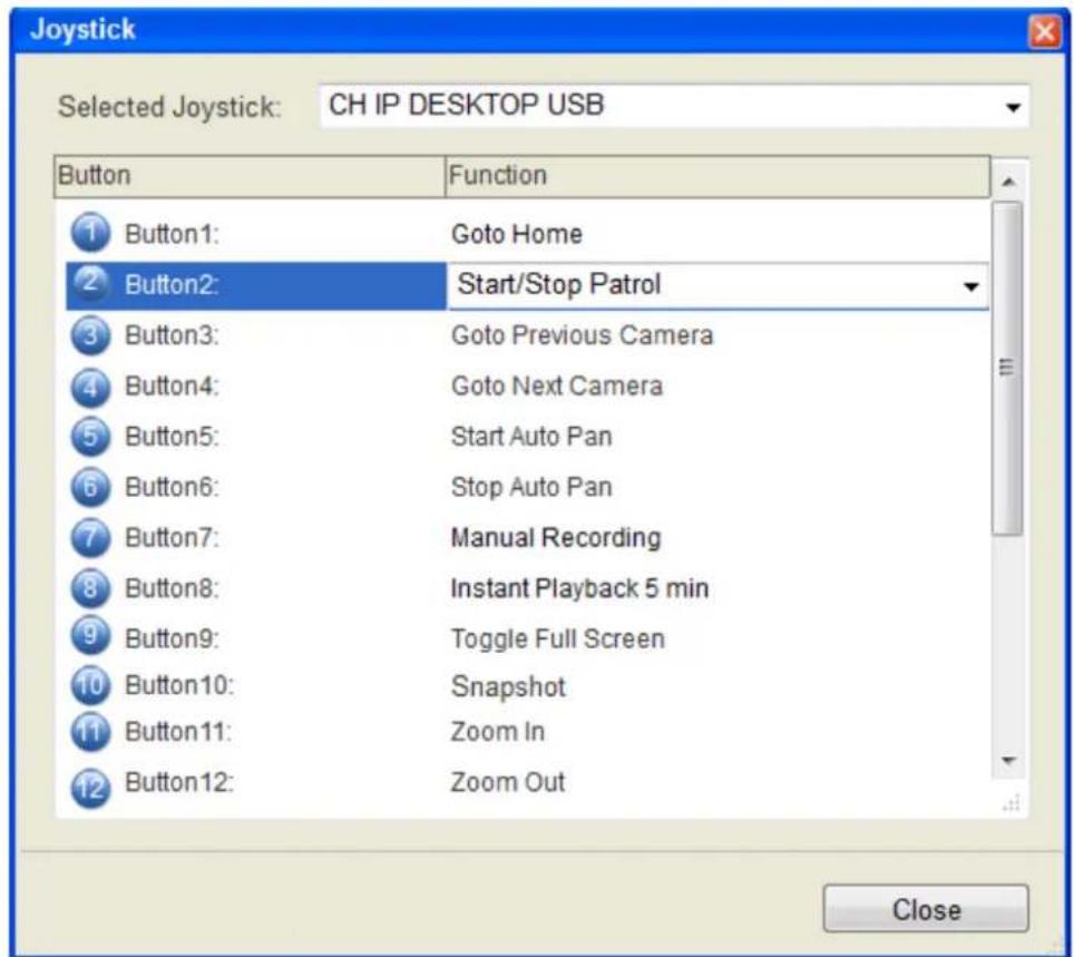 Joystick Selected Joystick: CH IP DESKTOP USB Button Function 1 Button1: Goto Home 2 Button2: Start/Stop Patrol 3 Button3: Goto Previous Camera 4 Button4: Goto Next Camera 5 Button5: Start Auto Pan 6 Button6: Stop Auto Pan 7 Button7: Manual Recording 8 Button8: Instant Playback 5 min 9 Button9: Toggle Full Screen 10 Button10: Snapshot 11 Button11: Zoom In 12 Button12: Zoom Out Close