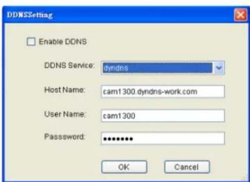 DDNSSetting Enable DDNS DDNS Service: dyndns Host Name: cam1300.dyndns-work.com User Name: cam1300 Password: ******** OK Cancel