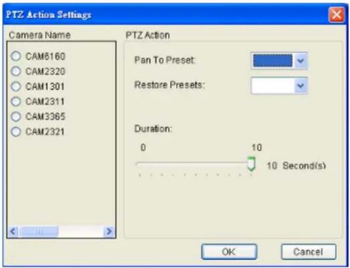 PTZ Action Settings Camera Name CAM6160 CAM2320 CAM1301 CAM2311 CAM3365 CAM2321 PTZ Action Pan To Preset: Restore Presets: Duration: 0 10 10 Second(s) OK Cancel