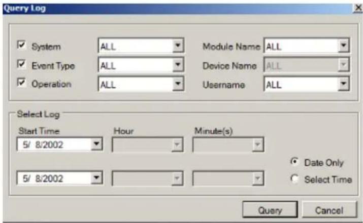 Query Log System ALL Module Name ALL Event Type ALL Device Name ALL Operation ALL Username ALL Select Log Start Time Hour Minute(s) 5/ 8/2002 Date Only 5/ 8/2002 Select Time Query Cancel
