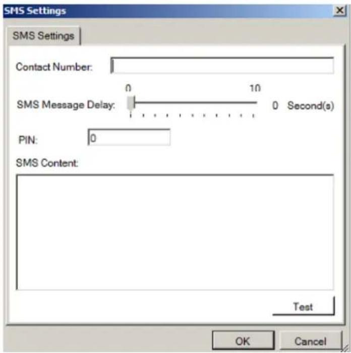 SMS Settings Contact Number: SMS Message Delay: 0 10 0 Second(s) PIN: 0 SMS Content: Test OK Cancel