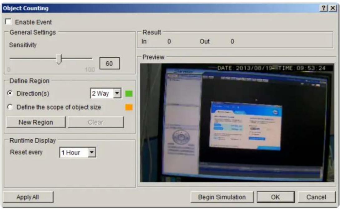 Object Counting Enable Event General Settings Sensitivity 60 In 0 Out 0 Result Preview Define Region Direction(s) 2 Way Define the scope of object size New Region Clear Runtime Display Reset every 1 Hour Apply All Begin Simulation OK Cancel DATE: 2013/08/19-TIME: 08:53:24