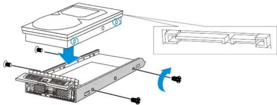 Diagram showing assembly of a hard disk drive into a server rack, with labeled components and directional arrows indicating motion.