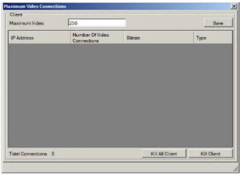 Maximum Video Connections Client Maximum Video 256 Save IP Address Number Of Video Connections Bitrate Type Total Connections 0 Kill All Client Kill Client