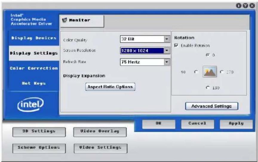 Intel® Graphics Media Accelerator Driver Monitor Display Devices Display Settings Color Correction Hot Keys intel Color Quality 32 Bit Screen Resolution 1280 x 1024 Refresh Rate 75 Hertz Display Expansion Aspect Ratio Options Rotation Enable Rotation G 0 90 C 270 C 180 Advanced Settings OK Cancel Apply 3D Settings Video Overlay Scheme Options Video Settings