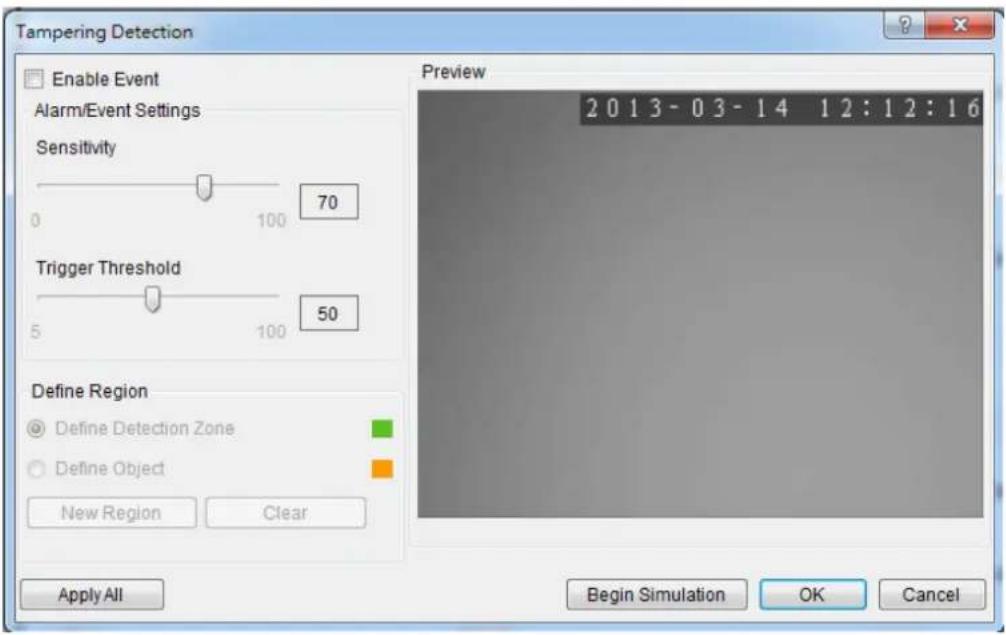 Tampering Detection Enable Event Alarm/Event Settings Sensitivity 0 100 70 Trigger Threshold 5 100 50 Define Region Define Detection Zone Define Object New Region Clear Preview 2013-03-14 12:12:16 Apply All Begin Simulation OK Cancel