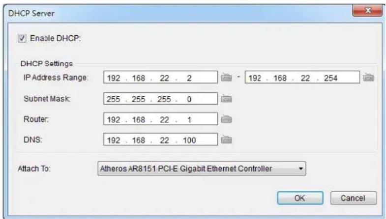 DHCP Server Enable DHCP: DHCP Settings IP Address Range: 192 . 168 . 22 . 2 - 192 . 168 . 22 . 254 Subnet Mask: 255 . 255 . 255 . 0 Router: 192 . 168 . 22 . 1 DNS: 192 . 168 . 22 . 100 Attach To: Atheros AR8151 PCI-E Gigabit Ethernet Controller OK Cancel