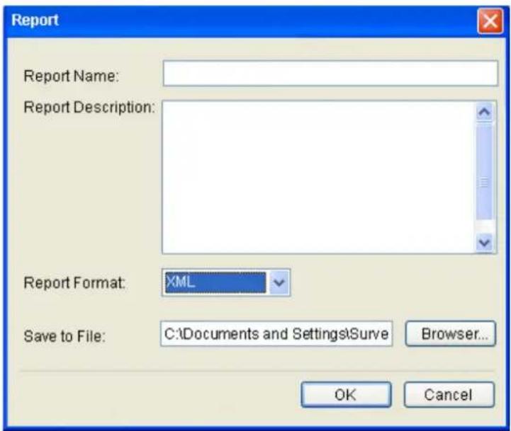Report Report Name: Report Description: Report Format: XML Save to File: C:\Documents and Settings\Surve Browser... OK Cancel