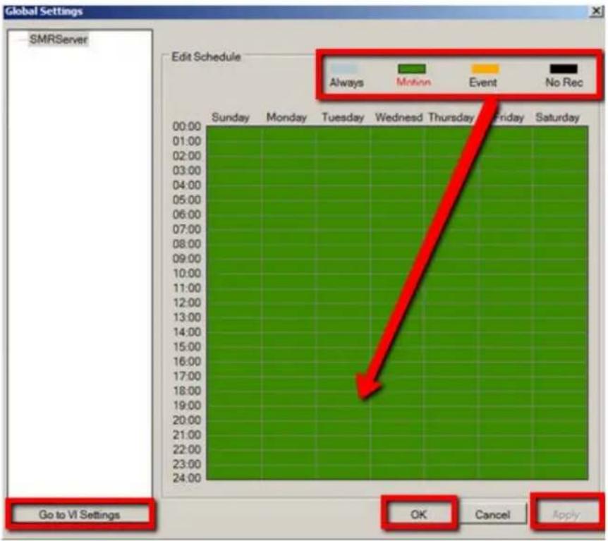 Global Settings SMRServer Edit Schedule Always Motion Event No Rec 00:00 Sunday Monday Tuesday Wednesday Thursday Friday Saturday 01:00 02:00 03:00 04:00 05:00 06:00 07:00 08:00 09:00 10:00 11:00 12:00 13:00 14:00 15:00 16:00 17:00 18:00 19:00 20:00 21:00 22:00 23:00 24:00 Go to VI Settings OK Cancel Apply