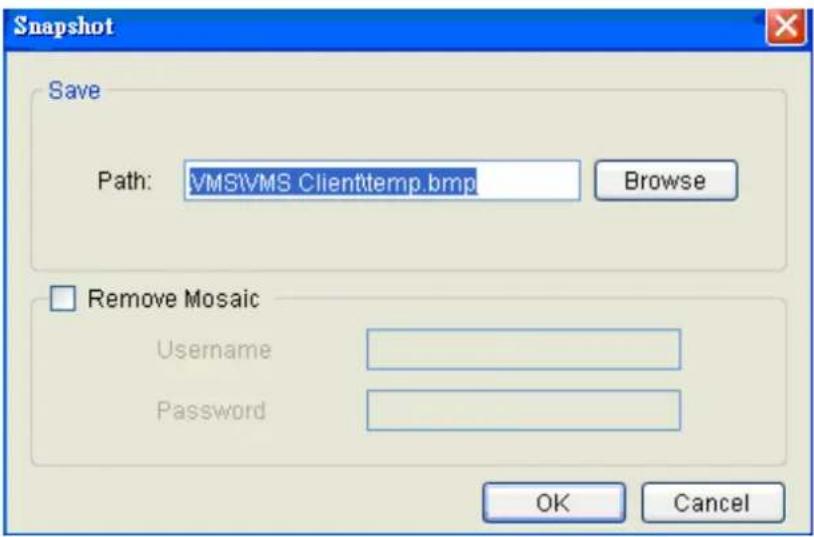 Snapshot Save Path: VMS\VMS Client\temp.bmp Browse Remove Mosaic Username Password OK Cancel