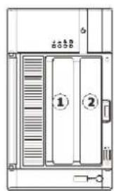 Technical diagram of a door or cabinet with labeled parts ① and ②, showing internal structure and door symbols.