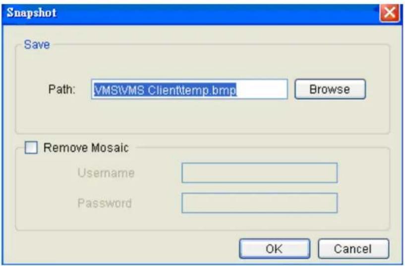 Snapshot Save Path: VMS\VMS Client\temp.bmp Browse Remove Mosaic Username Password OK Cancel