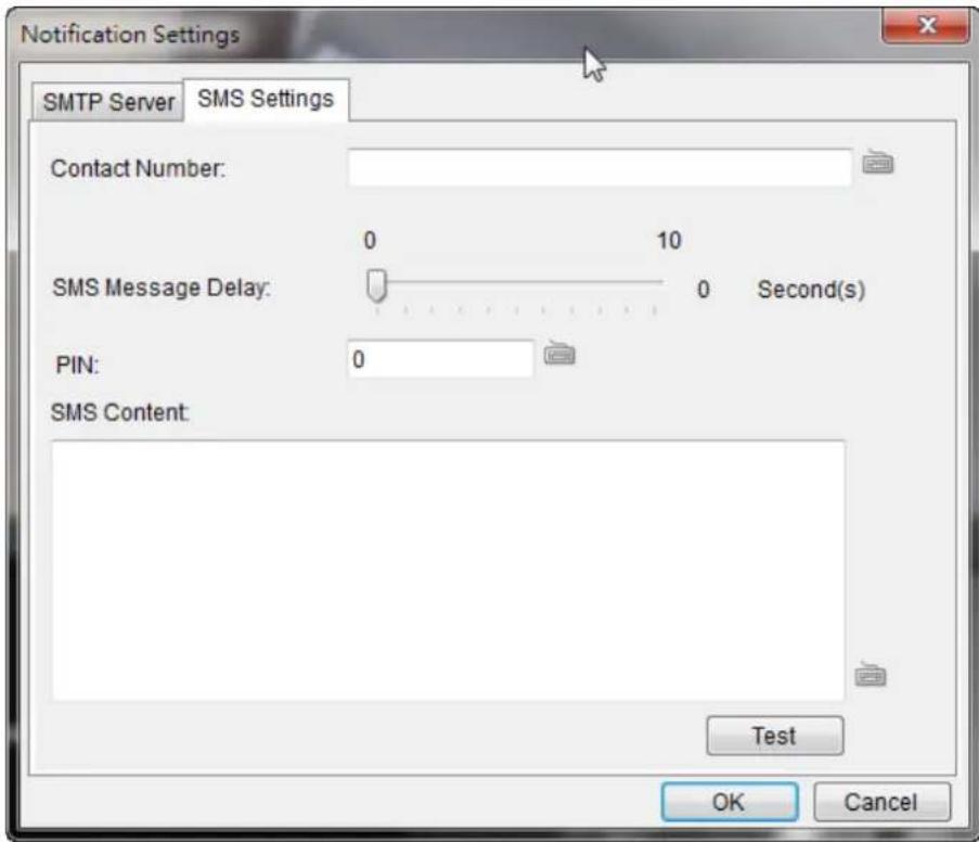 Notification Settings SMTP Server SMS Settings Contact Number: 0 10 SMS Message Delay: 0 Second(s) PIN: 0 SMS Content: Test OK Cancel