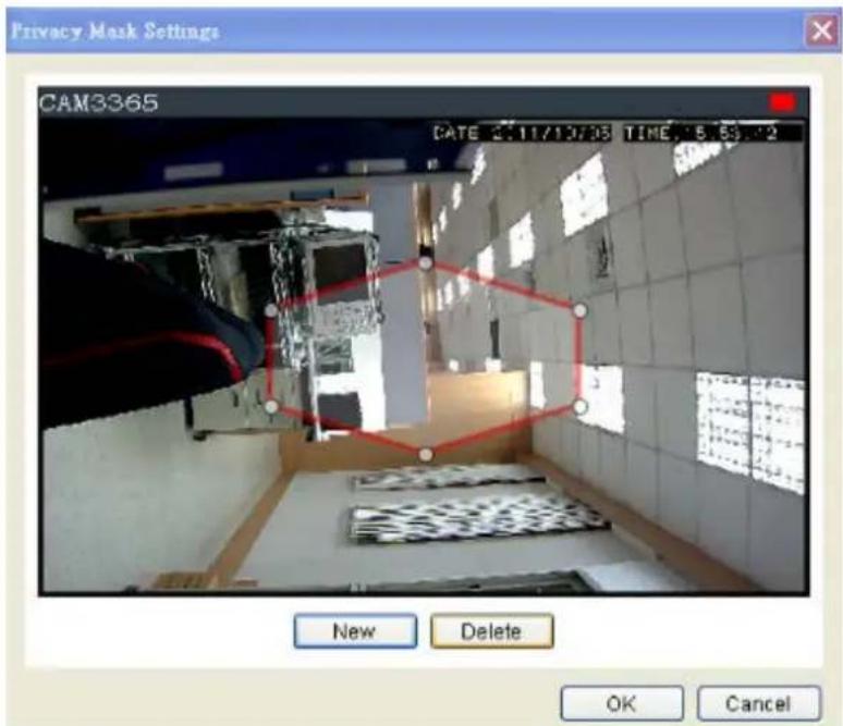 Privacy Mask Settings CAM3365 DATE: 2.11/13/08 TIME: 5:53:2 New Delete OK Cancel