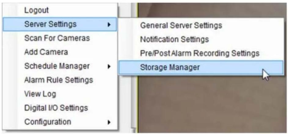 Logout Server Settings Scan For Cameras Add Camera Schedule Manager Alarm Rule Settings View Log Digital I/O Settings Configuration General Server Settings Notification Settings Pre/Post Alarm Recording Settings Storage Manager