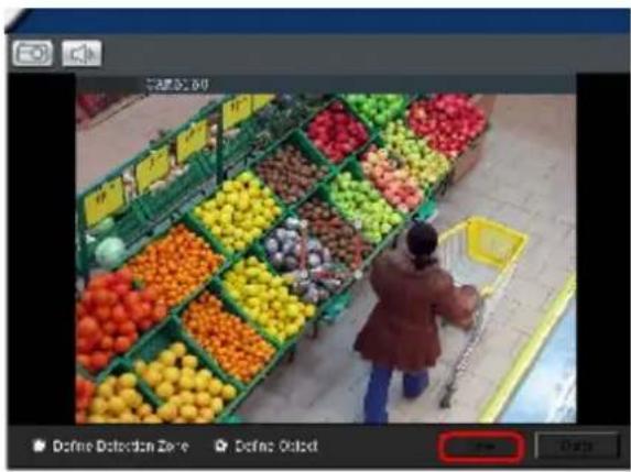 Screenshot of a supermarket fruit section with a shopper selecting produce, showing product labels and navigation buttons.