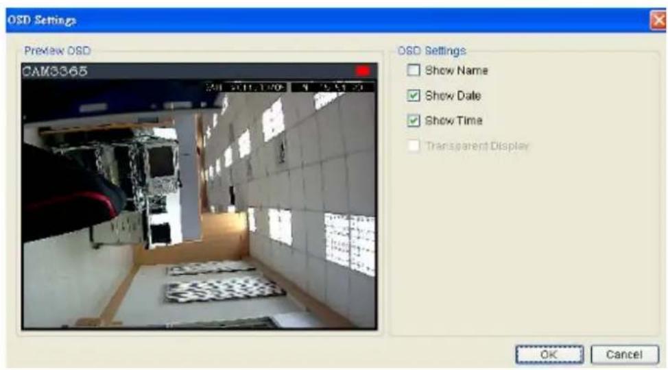 OSD Settings Preview OSD CAM3365 OSD Settings Show Name Show Date Show Time Transparent Display OK Cancel
