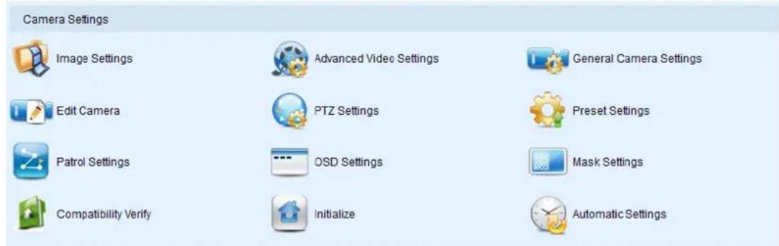 Camera Settings Image Settings Advanced Video Settings General Camera Settings Edit Camera PTZ Settings Preset Settings Patrol Settings OSD Settings Mask Settings Compatibility Verify Initialize Automatic Settings