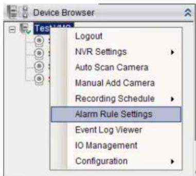 Device Browser Test NVR Logout NVR Settings Auto Scan Camera Manual Add Camera Recording Schedule Alarm Rule Settings Event Log Viewer IO Management Configuration