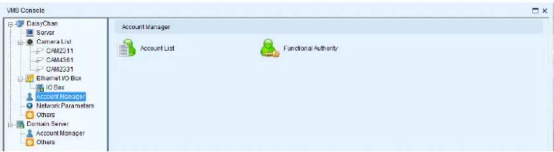 VMS Console DaisyChan Server Camera List CAM2311 CAM4361 CAM2331 Ethernet I/O Box IO Box Account Manager Network Parameters Others Domain Server Account Manager Others Account Manager Account List Functional Authority