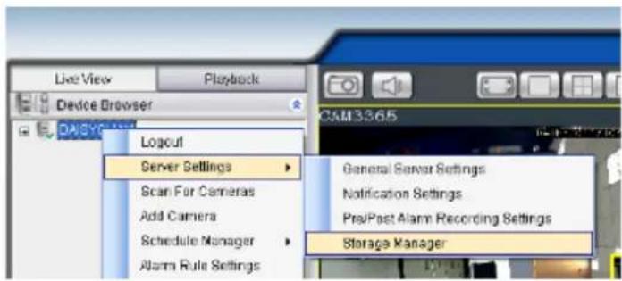 Live View Playback Device Browser DAGYC Logout Server Settings Scan For Cameras Add Camera Schedule Manager Alarm Rule Settings General Server Settings Notification Settings PrePost Alarm Recording Settings Storage Manager