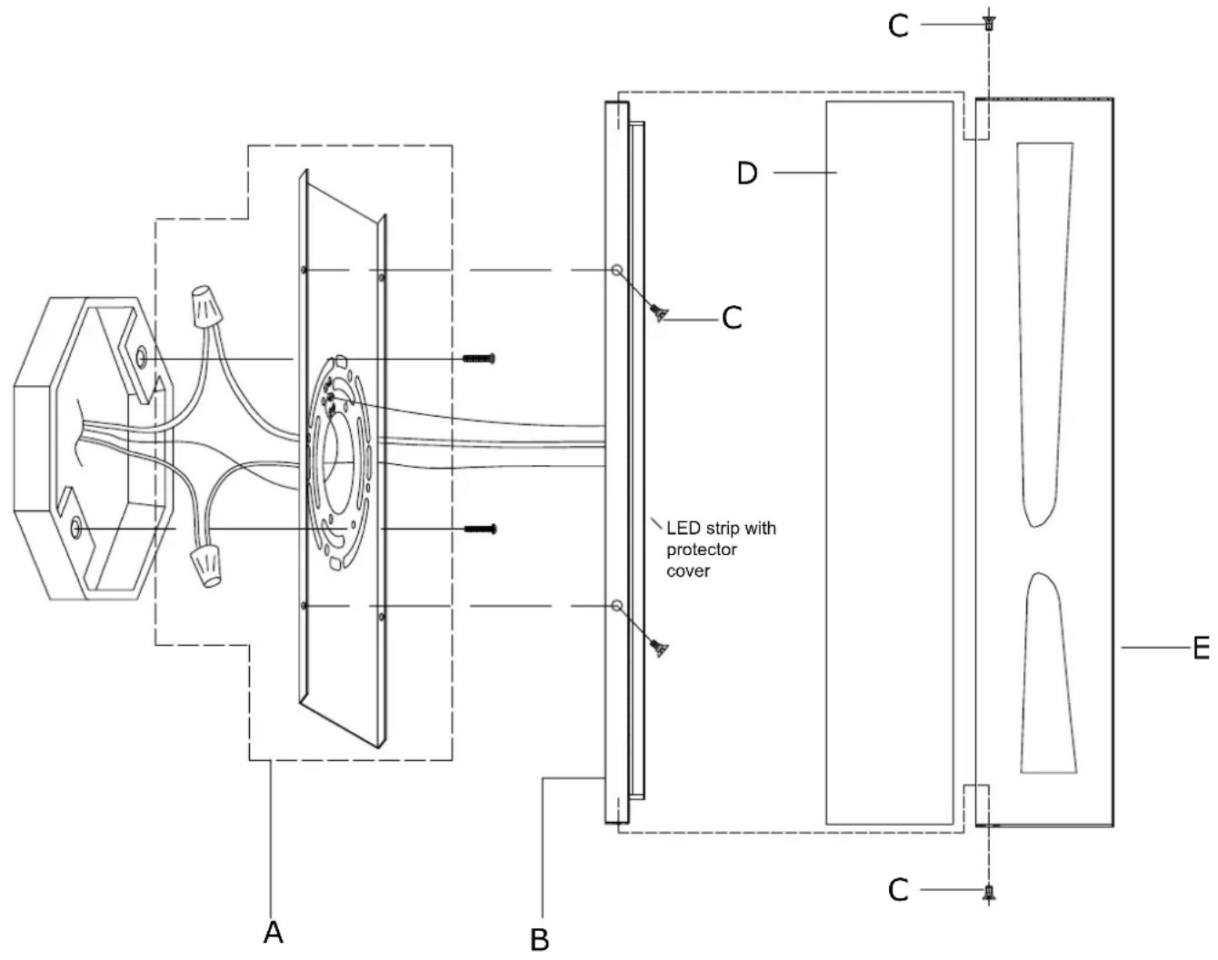 A B C D C LED strip with protector cover E C