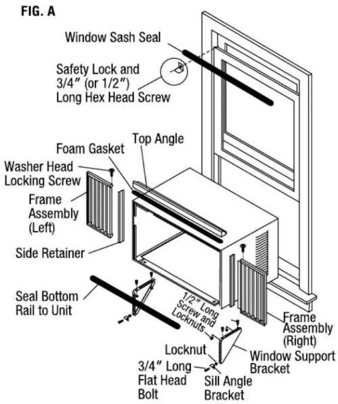FIG. A Window Sash Seal Safety Lock and 3/4" (or 1/2") Long Hex Head Screw Foam Gasket Washer Head Locking Screw Frame Assembly (Left) Side Retainer Seal Bottom Rail to Unit Top Angle 1/2" Long Screw and Locknuts Locknut 3/4" Long Flat Head Bolt Sill Angle Bracket Window Support Bracket Frame Assembly (Right)