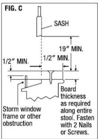 FIG. C SASH 1/2" MIN. 1/2" MIN. 19" MIN. Board thickness as required along entire stool. Fasten with 2 Nails or Screws. Storm window frame or other obstruction