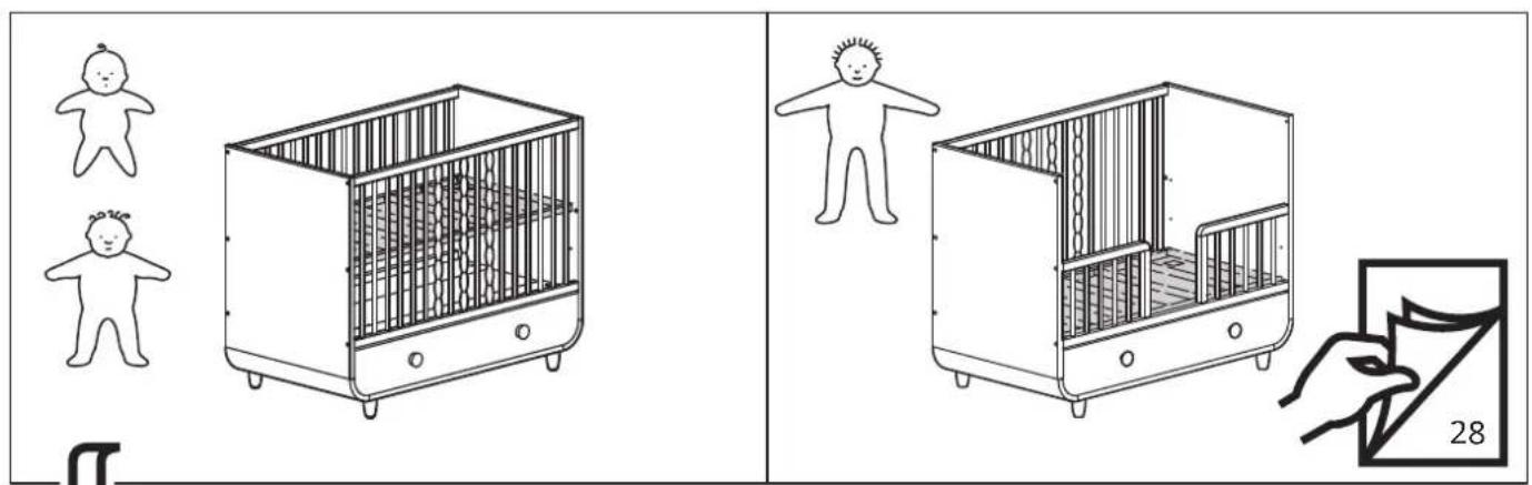 Illustration comparing two baby cages with corresponding illustrations and a hand holding a page number 28.