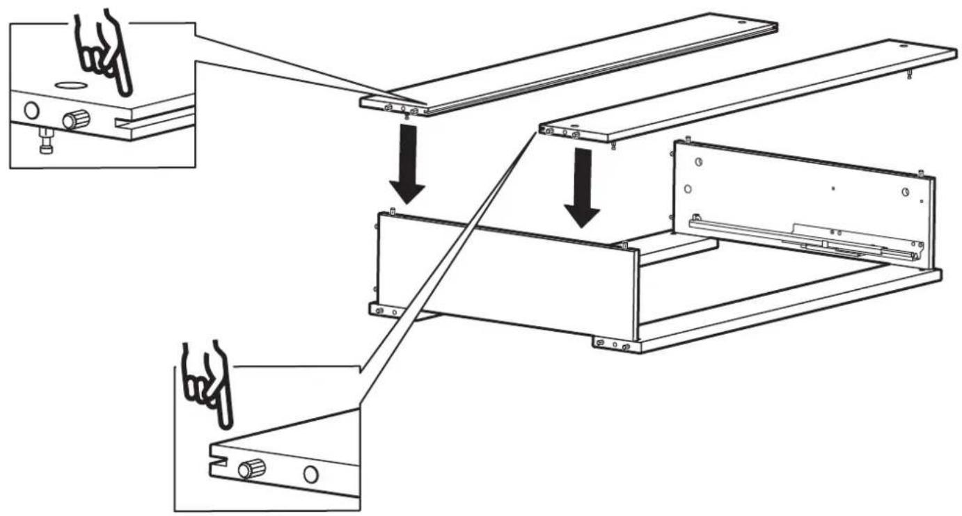 Technical diagram showing assembly steps of a mechanical component with labeled parts and directional arrows indicating process flow.