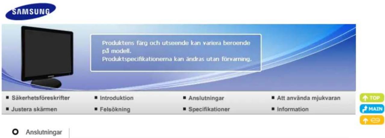 SAMSUNG Produktens färg och utseende kan variera beroende på modell. Produktspecifikationerna kan ändras utan förvarning. ■ Säkerhetsföreskrifter ■ Justera skärmen ■ Introduktion ■ Felsökning ■ Anslutningar ■ Specifikationer ■ Att använda mjukvaran ■ Information Anslutningar