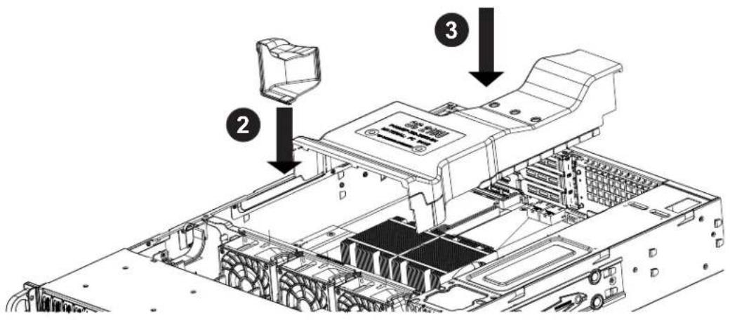 Technical diagram of an internal server rack with labeled components and directional arrows indicating assembly or status.