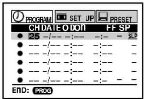 PROGRAM SET UP PRESET CH DATE O DON FF SP 25 - - - - - - - - - - - - - - - - - - - - - - - - - - - - - END: PROG