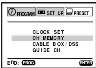 PROGRAM SET UP PRESET CLOCK SET CH MEMORY CABLE BOX / DSS GUIDE CH END: PROG ENTER