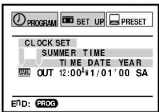 PROGRAM SET UP PRESET CLOCK SET SUMMER TIME TIME DATE YEAR MAN OUT 12:00^W1/01'00 SA END: PROG