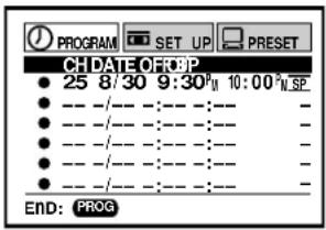 PROGRAM SET UP PRESET CHDATE: OF: IP 25 8/30 9:30" 10:00" SP END: PROG