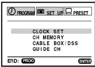 PROGRAM SET UP PRESET CLOCK SET CH MEMORY CABLE BOX/DSS GUIDE CH END: PROG ENTER