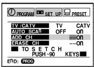 PROGRAM SET UP PRESET TV /CATV TV CATV AUTO SCAN OFF ON ADD CH -- ON ERASE CH -- ON TO S E T C H PUSH~90 KEYS END: PROG