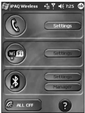 iPAQ Wireless Settings WiFi x Settings x Settings Manager ALL OFF
