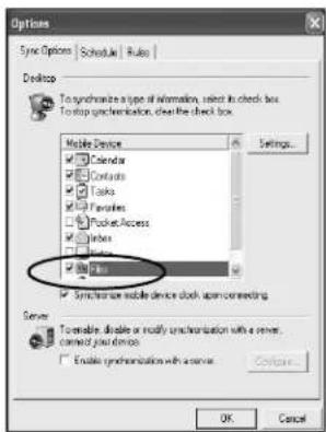 Options Sync Options | Schedule | Rules Desktop To synthesize a type of information, select its check box. To stop synchronization, clear the check box. Mobile Device Settings Calendar Contacts Tasks Favorites Pocket Access Bytes Files Synchroster mobile device clock upon connecting Server Tenable, disable or modify synchronization with a server. Connect your devices Enable synchronization with a server Cancel OK Cancel