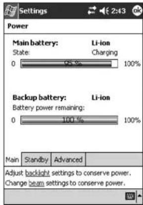 Settings Power Main battery: Li-ion State: Charging 0 95% 100% Backup battery: Li-ion Battery power remaining: 0 100% 100% Main Standby Advanced Adjust backlight settings to conserve power. Change beam settings to conserve power.