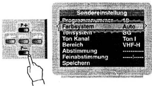 Sendereinstellung Programmnummer 18 Farbsystem Auto Tonsystem 2G Ton Kanal Ton I Bereich VHF-H Abstimmung ------------------ Feinabstimmung ------------------ Speichern