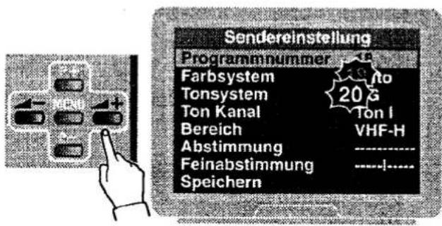 Sendereinstellung Programmnummer Farbsystem Tonsystem Ton Kanal Bereich Abstimmung Feinabstimmung Speichern